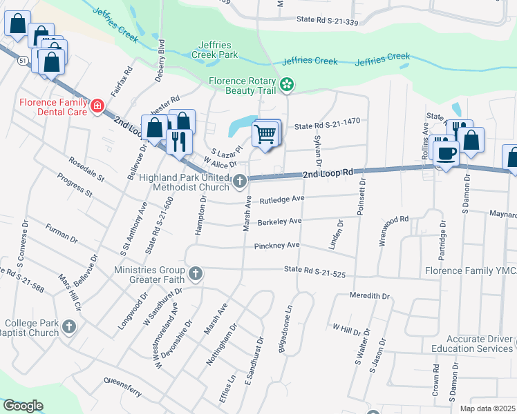 map of restaurants, bars, coffee shops, grocery stores, and more near 1230 Rutledge Avenue in Florence