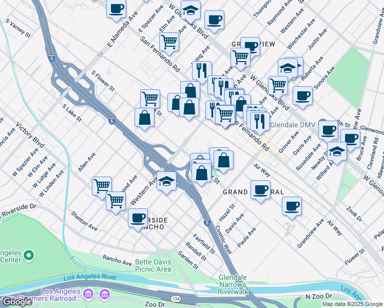map of restaurants, bars, coffee shops, grocery stores, and more near 1635 Flower Street in Glendale