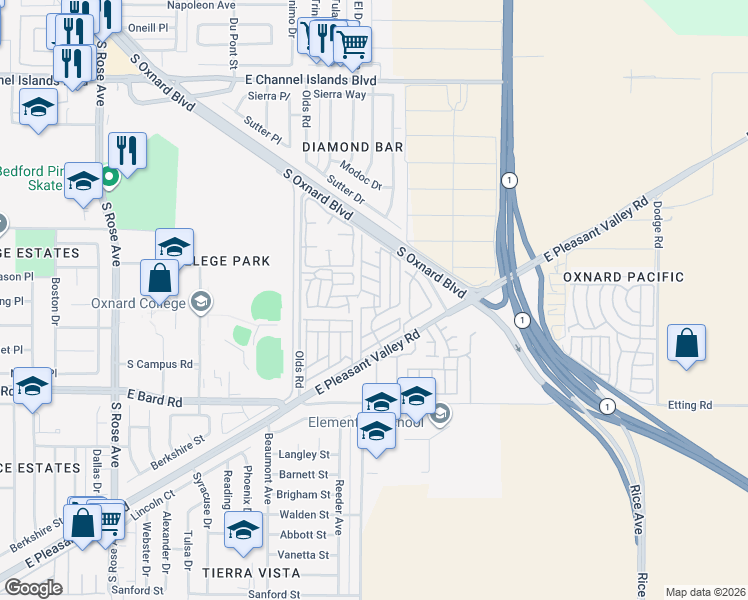 map of restaurants, bars, coffee shops, grocery stores, and more near 1645 Lime Avenue in Oxnard