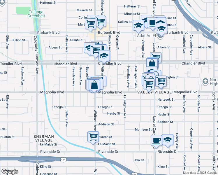 map of restaurants, bars, coffee shops, grocery stores, and more near 12403 West Magnolia Boulevard in Los Angeles