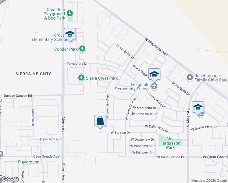 map of restaurants, bars, coffee shops, grocery stores, and more near 2773 West La Morada Drive in Rialto