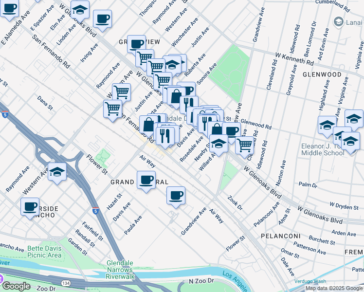 map of restaurants, bars, coffee shops, grocery stores, and more near 1028 Davis Avenue in Glendale