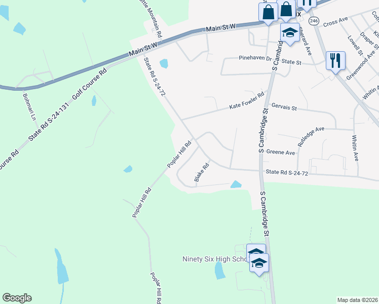 map of restaurants, bars, coffee shops, grocery stores, and more near 4 State Road S-24-586 in Ninety Six