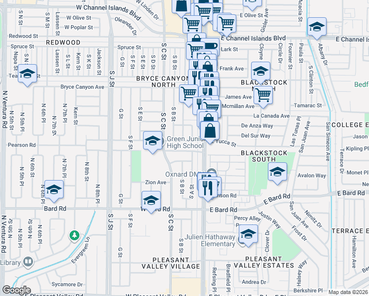 map of restaurants, bars, coffee shops, grocery stores, and more near 225 Glacier Avenue in Oxnard