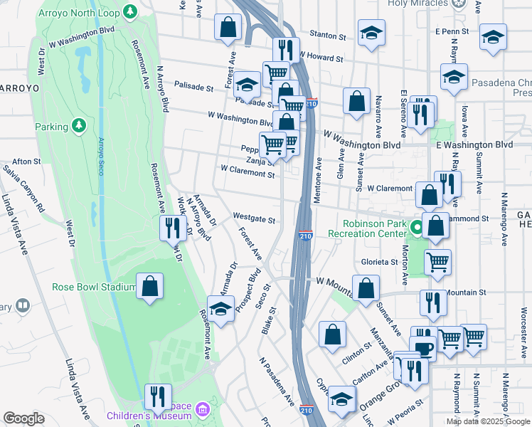 map of restaurants, bars, coffee shops, grocery stores, and more near 505 Westgate Street in Pasadena