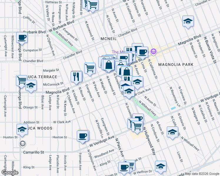 map of restaurants, bars, coffee shops, grocery stores, and more near 859 North Kenwood Street in Burbank