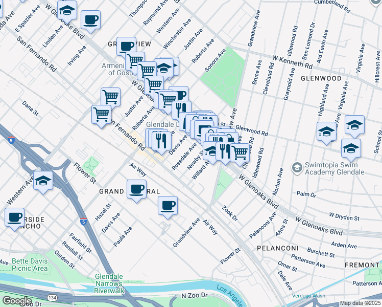 map of restaurants, bars, coffee shops, grocery stores, and more near 1052 Rosedale Avenue in Glendale