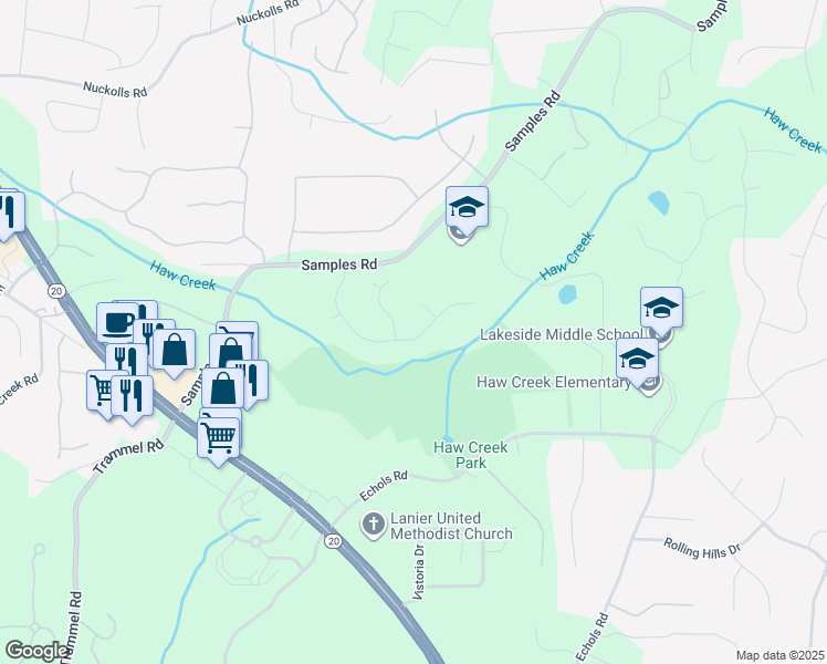 map of restaurants, bars, coffee shops, grocery stores, and more near 4135 Delamar Drive in Cumming