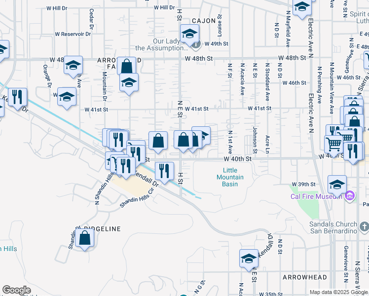 map of restaurants, bars, coffee shops, grocery stores, and more near 4027 North H Street in San Bernardino