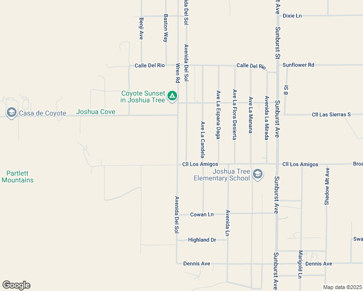 map of restaurants, bars, coffee shops, grocery stores, and more near 4820 Avenida Del Sol in Joshua Tree