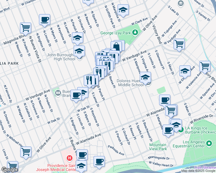 map of restaurants, bars, coffee shops, grocery stores, and more near 212 South Orchard Drive in Burbank