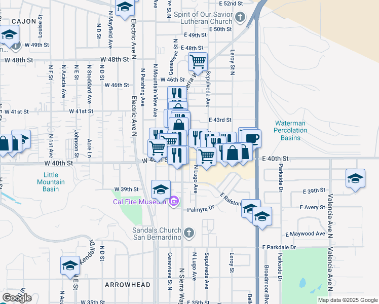 map of restaurants, bars, coffee shops, grocery stores, and more near in San Bernardino