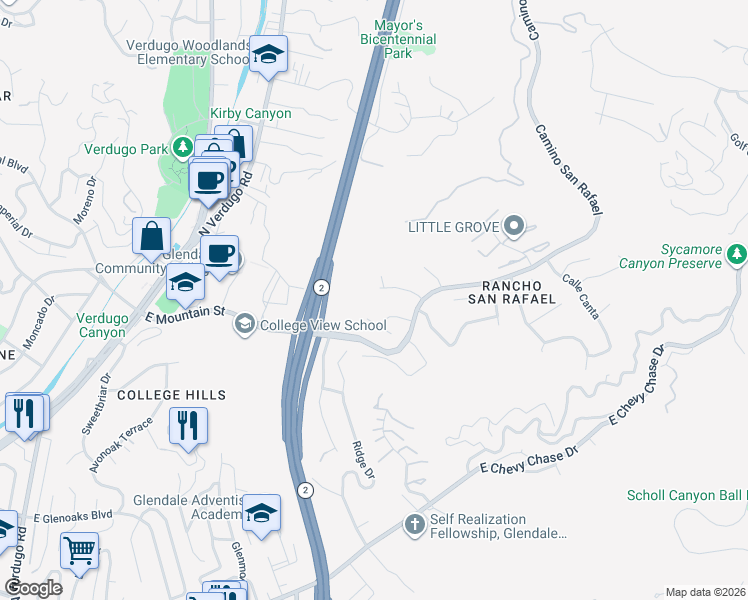 map of restaurants, bars, coffee shops, grocery stores, and more near 1049 Calle Contento in Glendale