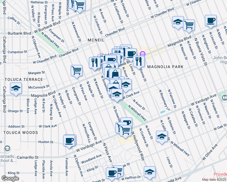 map of restaurants, bars, coffee shops, grocery stores, and more near 828 North Hollywood Way in Burbank