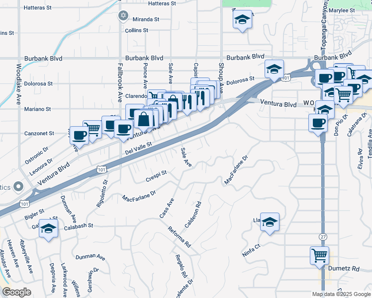 map of restaurants, bars, coffee shops, grocery stores, and more near 5262 Sale Avenue in Los Angeles