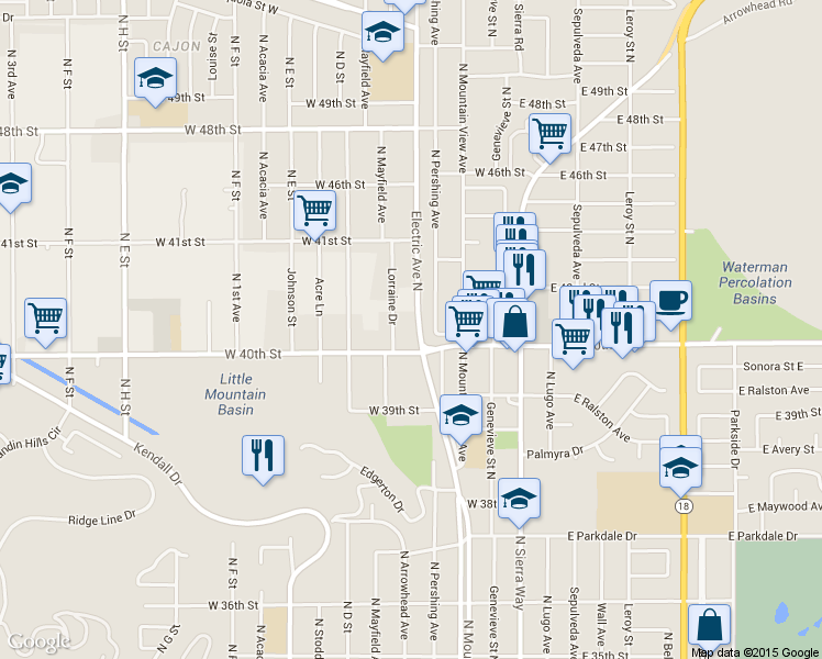map of restaurants, bars, coffee shops, grocery stores, and more near 4032 Electric Avenue North in San Bernardino