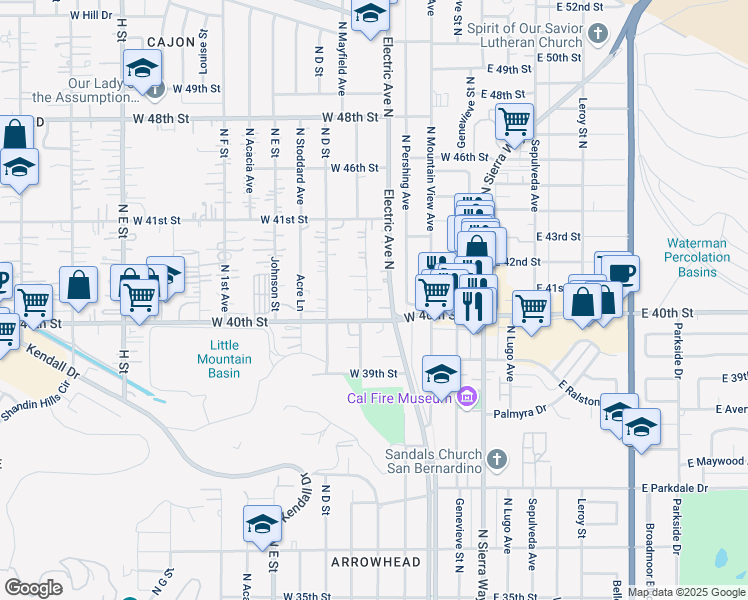 map of restaurants, bars, coffee shops, grocery stores, and more near 4032 Electric Avenue North in San Bernardino