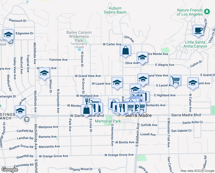 map of restaurants, bars, coffee shops, grocery stores, and more near 200 Adams Street in Sierra Madre