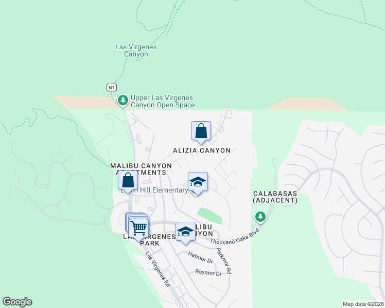 map of restaurants, bars, coffee shops, grocery stores, and more near 26128 Alizia Canyon Drive in Calabasas