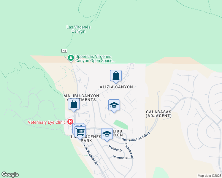 map of restaurants, bars, coffee shops, grocery stores, and more near 26128 Alizia Canyon Drive in Calabasas