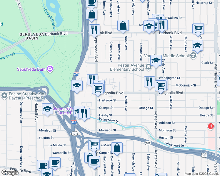map of restaurants, bars, coffee shops, grocery stores, and more near 15207 Magnolia Boulevard in Los Angeles
