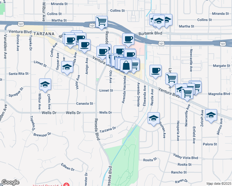 map of restaurants, bars, coffee shops, grocery stores, and more near 18432 Linnet Street in Los Angeles