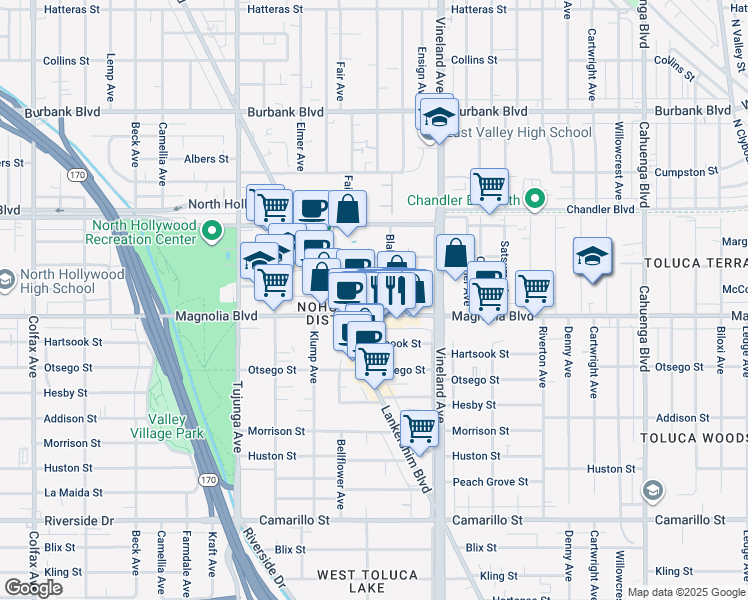 map of restaurants, bars, coffee shops, grocery stores, and more near 5225 Blakeslee Avenue in North Hollywood