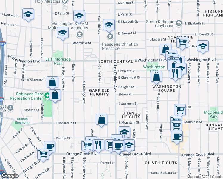 map of restaurants, bars, coffee shops, grocery stores, and more near 404 Douglas Street in Pasadena