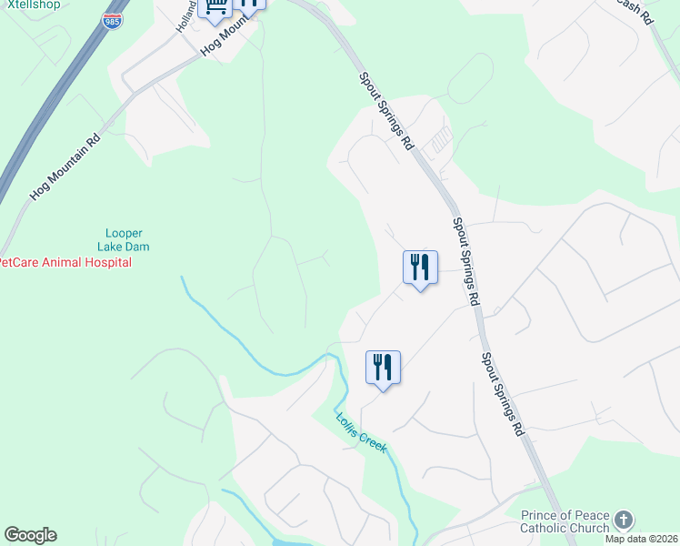 map of restaurants, bars, coffee shops, grocery stores, and more near 5059 Blue Goose Court in Flowery Branch
