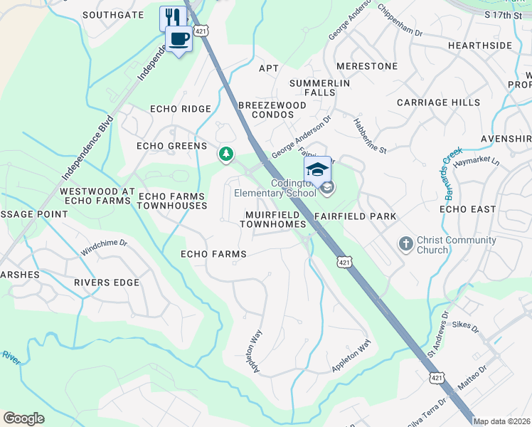 map of restaurants, bars, coffee shops, grocery stores, and more near 4325 Peeble Drive in Wilmington