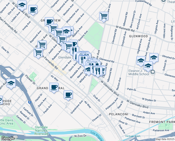 map of restaurants, bars, coffee shops, grocery stores, and more near 1226 West Glenoaks Boulevard in Glendale