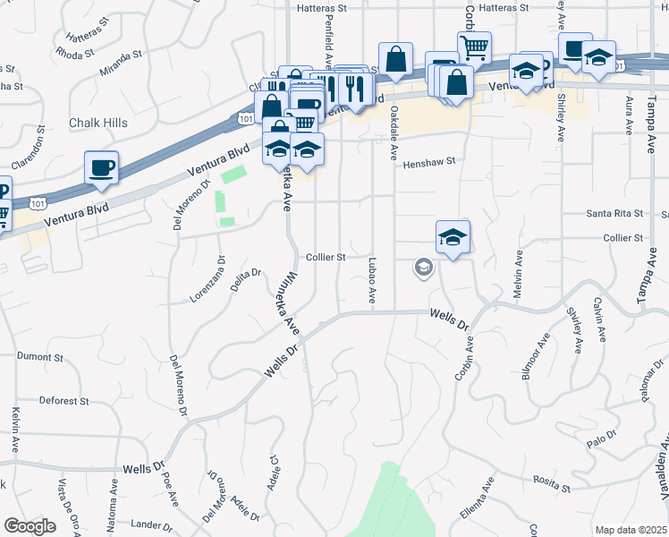 map of restaurants, bars, coffee shops, grocery stores, and more near 5213 Penfield Avenue in Los Angeles