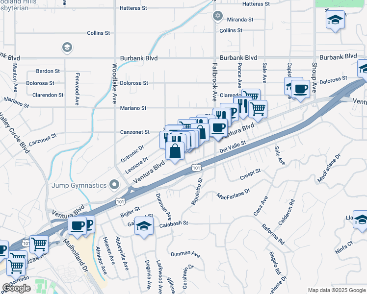 map of restaurants, bars, coffee shops, grocery stores, and more near 22919 Ventura Boulevard in Los Angeles