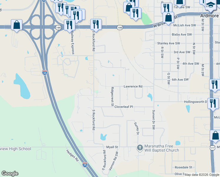 map of restaurants, bars, coffee shops, grocery stores, and more near 801 Ridgecrest Street in Ardmore