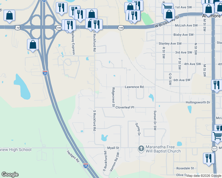 map of restaurants, bars, coffee shops, grocery stores, and more near 801 Ridgecrest Street in Ardmore