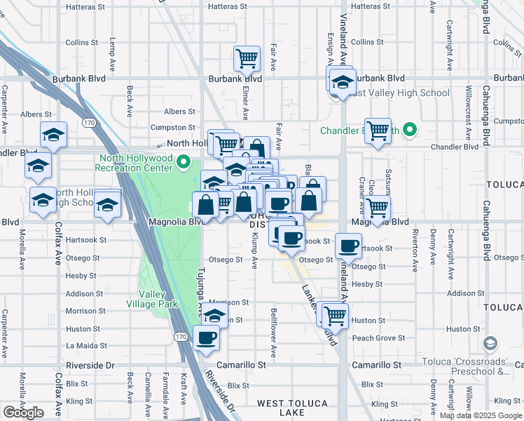 map of restaurants, bars, coffee shops, grocery stores, and more near 5249 Lankershim Boulevard in Los Angeles