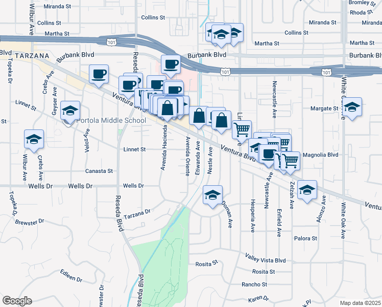 map of restaurants, bars, coffee shops, grocery stores, and more near 5176 Avenida Oriente in Los Angeles