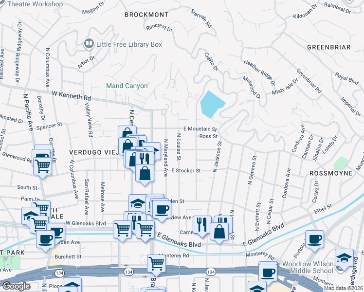 map of restaurants, bars, coffee shops, grocery stores, and more near 305 East Randolph Street in Glendale