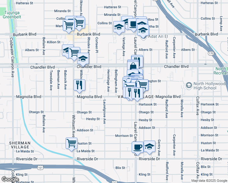 map of restaurants, bars, coffee shops, grocery stores, and more near 12230 West Magnolia Boulevard in Los Angeles