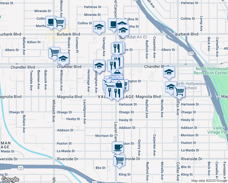 map of restaurants, bars, coffee shops, grocery stores, and more near 5217 Laurel Canyon Boulevard in Los Angeles