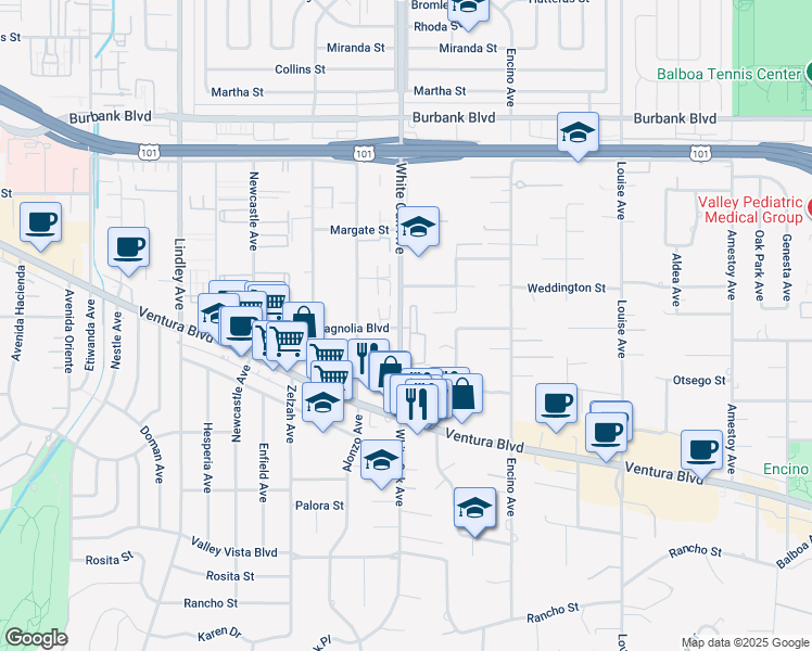 map of restaurants, bars, coffee shops, grocery stores, and more near 5200 White Oak Avenue in Los Angeles