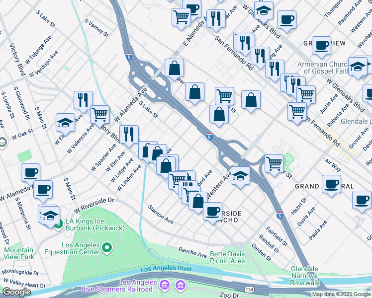 map of restaurants, bars, coffee shops, grocery stores, and more near 1836 Lake Street in Glendale
