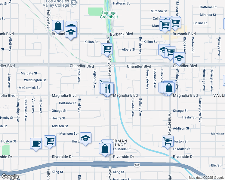 map of restaurants, bars, coffee shops, grocery stores, and more near 5224 Coldwater Canyon Avenue in Los Angeles
