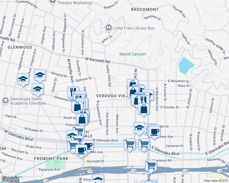 map of restaurants, bars, coffee shops, grocery stores, and more near 1244 Valley View Road in Glendale