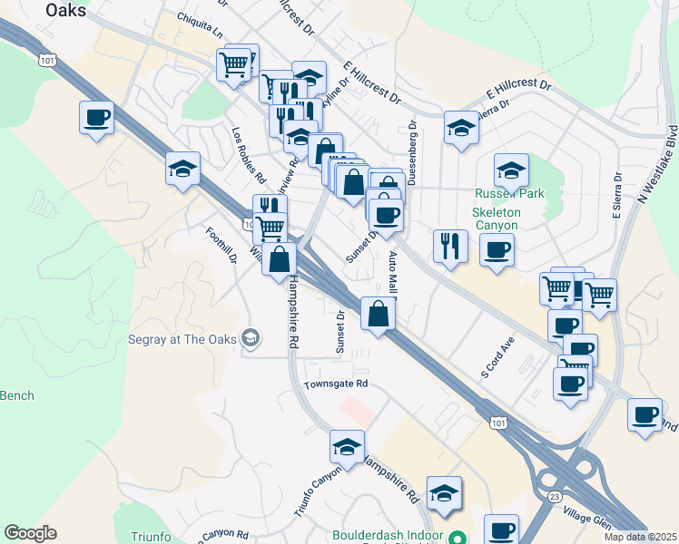 map of restaurants, bars, coffee shops, grocery stores, and more near 141 Sunset Drive in Thousand Oaks