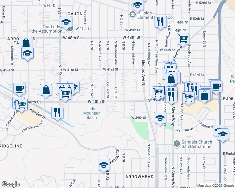 map of restaurants, bars, coffee shops, grocery stores, and more near 4025 Acre Lane in San Bernardino