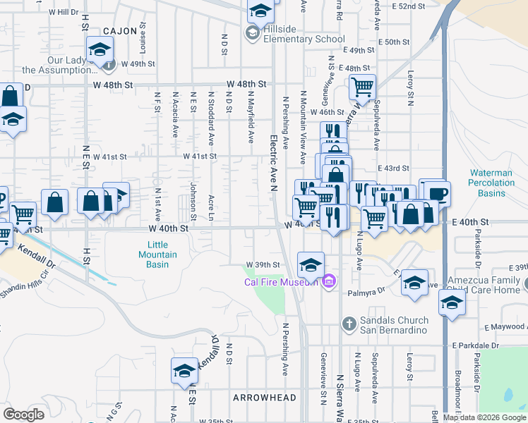 map of restaurants, bars, coffee shops, grocery stores, and more near 4032 Electric Avenue North in San Bernardino