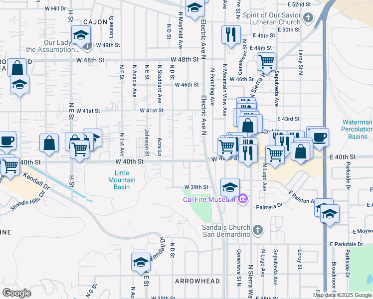 map of restaurants, bars, coffee shops, grocery stores, and more near 4038 Lorraine Drive in San Bernardino