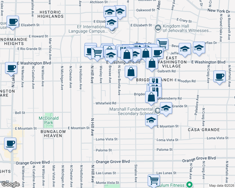 map of restaurants, bars, coffee shops, grocery stores, and more near in Pasadena