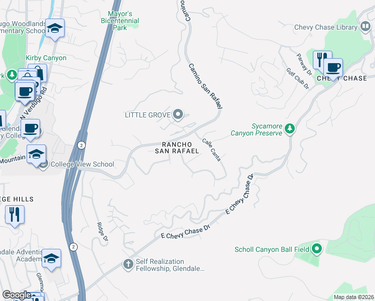 map of restaurants, bars, coffee shops, grocery stores, and more near 1820 Calle Suenos in Glendale